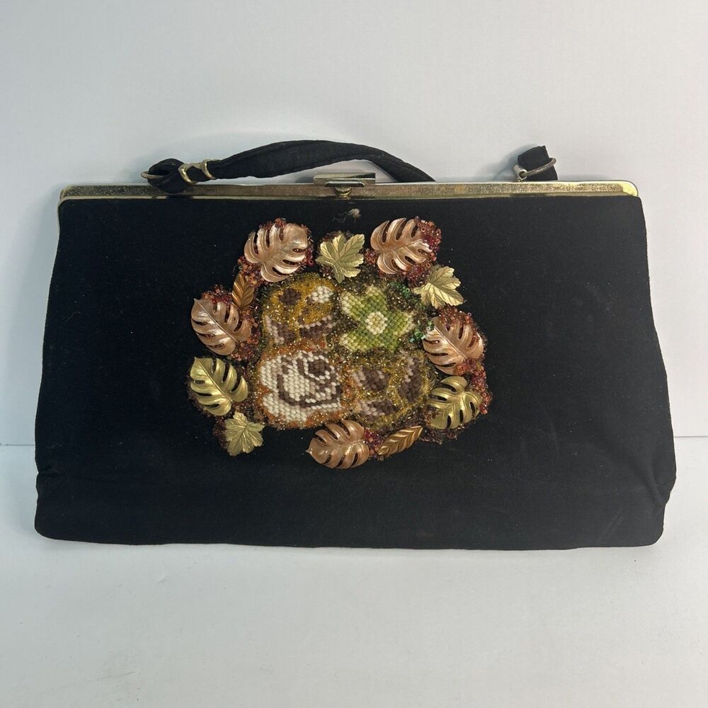 1950s Black Velvet Handbag Beaded Needlepoint Floral Mixed Media Purse